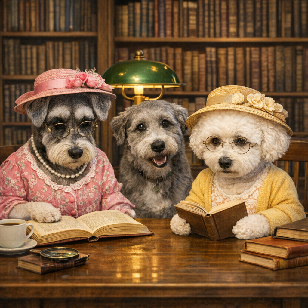 A Schnauzer and a Bichon Frise dressed in women's attire, reading books together at a wooden table in a vintage library with warm lighting.